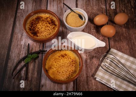 Chef cooks creme brulee with gas burner, dessert in the home kitchen, Cooking at home, professionals for food blog Stock Photo