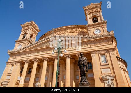 Facade of the Sanctuary Basilica of the Assumption of Our Lady commonly known as the Rotunda of Mosta or the Mosta Dome, it is a Roman Catholic parish Stock Photo