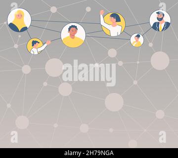 Different People In Circles Chatting Together And Connected Through Social Media. Team Group Connecting Each Other With Same Channels. Stock Vector