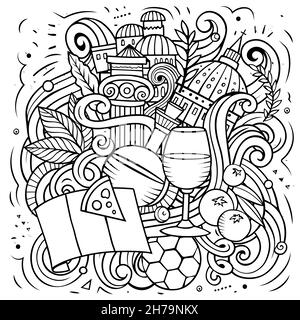 Italy cartoon vector doodle illustration. Sketchy detailed composition with lot of Italian objects and symbols Stock Vector
