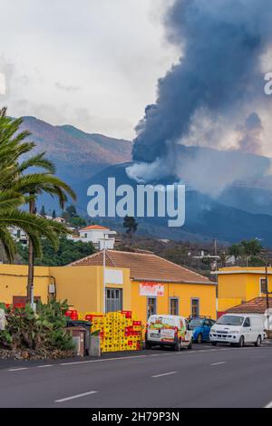 LOS LLANOS DE ARIANE, SPAIN NOVEMBER 10.2021: Street at the Cumbre Vieja volcano during eruption on the Canary island of La Palma, Spain, vertical Stock Photo