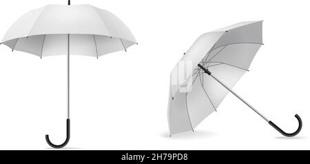 Umbrella. Realistic white open parasols. Rain protect accessory, side view weather object with shadows, mockup for branding, advertising and presentat Stock Vector