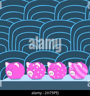 Multiple Piggy Bank Drawing On Table With Striped Background. Diffrent Piglet Money Jar Design With Big Note Caught On The Gap Showing Financial Stock Vector