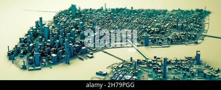 Aerial view of New York map, buildings and streets of Manhattan and Brooklyn, 3d buildings. NYC. Old style. 3d rendering Stock Photo