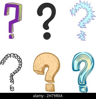 Question marks. Hand drawn colored interrogation icons. Doodle punctuation text symbols. Searching answers. Thinking or finding information. Doubt pic Stock Vector