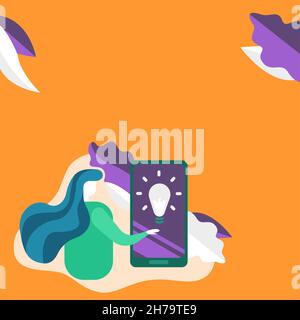 Lady Pressing Screen Of Mobile Phone Showing The Futuristic Technology. Palm Tapping Cell Phone Inside Room Presenting Modern Automation. Stock Vector