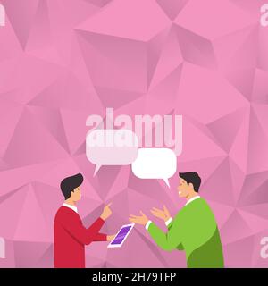 Two Men Colleagues Standing Sharing Thoughts Together With Speech Bubbles. Teammates Sharing New Success Stories At Work Having Conversation Balloons. Stock Vector
