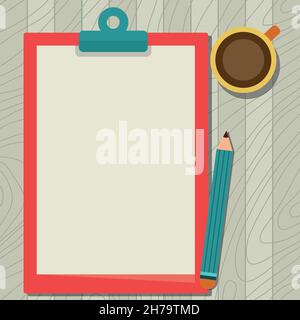 Illustration Of Large Pencil On Top Of Table Beside The Big Blank Clipboard And Coffee Mug. Empty Form Holder Drawing Beside Drinking Cup Placed At Stock Vector