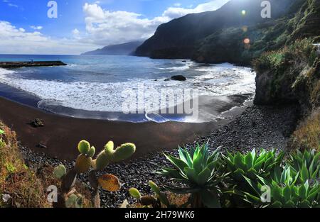 Madeira island nature beauty scenery. Sea landscape scenery, amazing Seixal beach in the northern coast famous spot for surfing Stock Photo