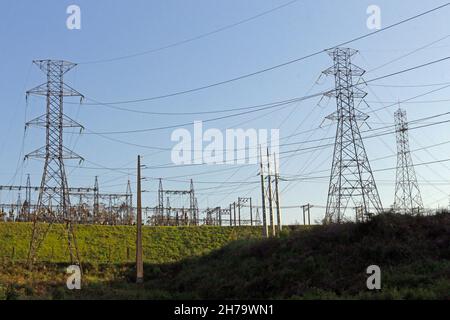 Electric power network. Various elements that make up the energy distribution network in urban centers. Part of the electricity distribution systems Stock Photo