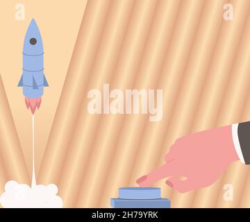 Man Hand Pressing Button To Launch Rocket To Space For New Horizons. Businessman Pushing Switch To Commence The Space Shuttle To The Skies For Better Stock Vector