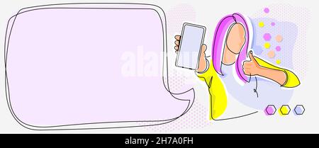 Line Drawing For Lady Holding Phone Presenting New Ideas With Speech Bubble. Woman Carrying Mobile Displaying New Ideas With Conversation Balloon. Stock Vector