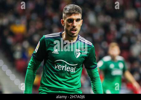 Nacho Vidal of Osasuna during the Spanish championship La Liga football match between Atletico de Madrid and CA Osasuna on November 20, 2021 at Wanda Metropolitano stadium in Madrid, Spain - Photo:  Irh/DPPI/LiveMedia Stock Photo