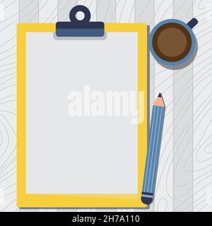 Illustration Of Large Pencil On Top Of Table Beside The Big Blank Clipboard And Coffee Mug. Empty Form Holder Drawing Beside Drinking Cup Placed At Stock Vector