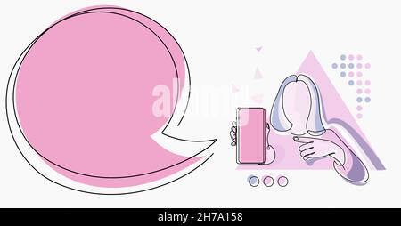 Line Drawing For Lady Holding Phone Presenting New Ideas With Speech Bubble. Woman Carrying Mobile Displaying New Ideas With Conversation Balloon. Stock Vector