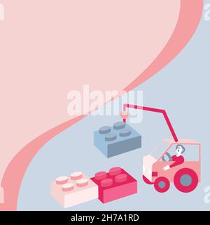 Forklift Moving Around Cubes For New Buildings And Plans. Man In Crane Moving Around Blocks Presenting New Ideas. Stock Vector