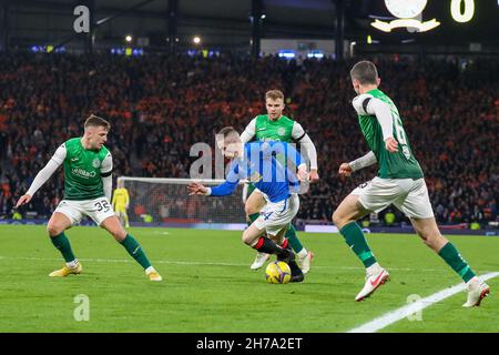 Glasgow, UK. 21st Nov, 2021. The semi final of the Premier Sports Cup took place between Rangers FC and Hibernian FC at Hampden Park stadium, Glasgow. The winner will go forward to play Celtic FC in the final on December 19th. Final score was Hibernian won by 3 goals to 1. Credit: Findlay/Alamy Live News Stock Photo