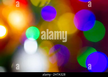 Christmas background. Beautiful colorful wallpaper. Best decoration on blurred Christmas tree. Bright abstract design. Color Holiday lights. Stock Photo