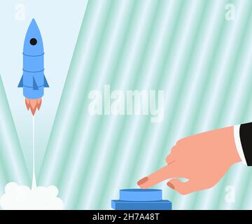 Man Hand Pressing Button To Launch Rocket To Space For New Horizons. Businessman Pushing Switch To Commence The Space Shuttle To The Skies For Better Stock Vector
