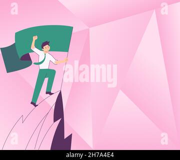 Man On A Mountain Drawing Proud Of His Climbing Success To The Clouds. Athlete On A Cliff Celebrating Achievement Ascending To The Top. Sports Guy Stock Vector