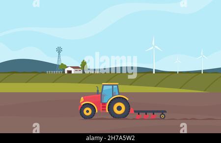 Tractor plowing the field. Rural farm landscape with green fields on background. Agriculture concept. Farm Machine. Side view of modern tractor with p Stock Vector