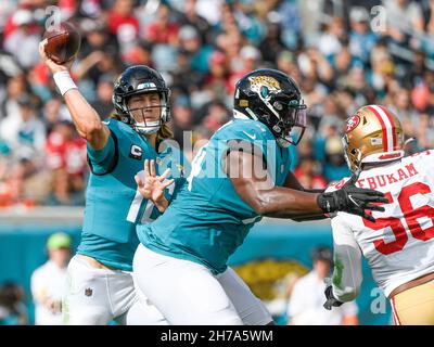 Jacksonville, FL, USA. 21st Nov, 2021. San Francisco 49ers safety Talanoa  Hufanga (29) before 1st half NFL football game between the San Francisco  49ers and the Jacksonville Jaguars at TIAA Bank Field