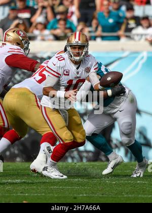 Jacksonville, FL, USA. 21st Nov, 2021. San Francisco 49ers offense during  1st half NFL football game between the San Francisco 49ers and the Jacksonville  Jaguars at TIAA Bank Field in Jacksonville, Fl.