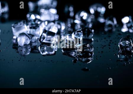 ice cubes reflection on black background. close up Stock Photo
