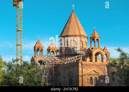 Reconstruction of the ancient cathedral of Mother See of Holy Etchmiadzin in the city of Vagharshapat in Armenia Stock Photo