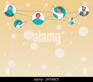 Different People In Circles Chatting Together And Connected Through Social Media. Team Group Connecting Each Other With Same Channels. Stock Vector