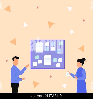 Illustration Of Couple Presenting New Amazing Ideas Holding Notes Sticking On Boards. Partners Drawing Sharing Old Wonderful Knowledge Handling Stock Vector