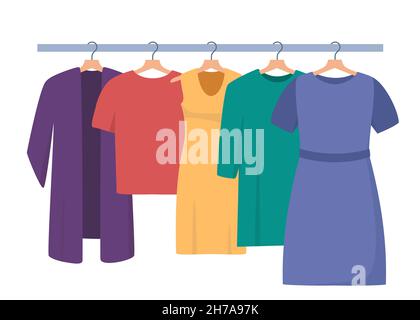 Clothes hang on a hanger. Fashion boutique, assortment showroom. Women's personal wardrobe, dressing room. Dress, tunic, blouse on hangers. Vector ill Stock Vector