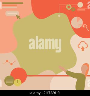 Lady Drawing Standing Holding Projector Remote Control Presenting Pie Charts. Woman Design Stands Uses Projection Machine For Displaying Presentation. Stock Vector