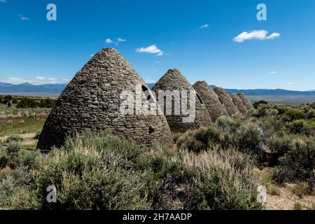 A row of charcoal ovens on the Route 50 in Ward Charcoal Ovens State Historic Park, Ely, Nevada, USA Stock Photo