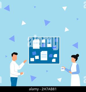 Illustration Of Couple Presenting New Amazing Ideas Holding Notes Sticking On Boards. Partners Drawing Sharing Old Wonderful Knowledge Handling Stock Vector