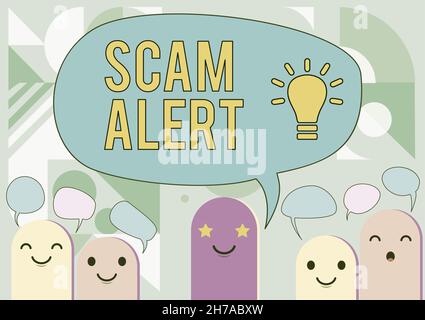 Inspiration showing sign Scam Alert. Word for warning someone about scheme or fraud notice any unusual Cartoon Heads Drawing Drawing With Speech Stock Photo