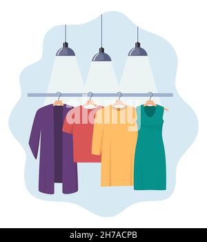 Clothes hang on a hanger, illuminated by lamps. Fashion boutique, assortment showroom. Women's personal wardrobe, dressing room. Dress, tunic, blouse Stock Vector