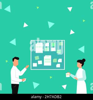 Illustration Of Couple Presenting New Amazing Ideas Holding Notes Sticking On Boards. Partners Drawing Sharing Old Wonderful Knowledge Handling Stock Vector