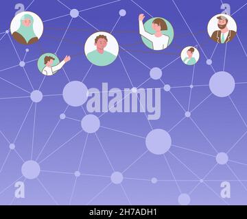 Different People In Circles Chatting Together And Connected Through Social Media. Team Group Connecting Each Other With Same Channels. Stock Vector