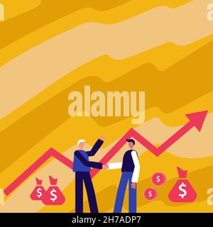 Two Men Standing Shaking Hands With Financial Arrow For Growth And Money Bags. Businessmen Handshaking Drawing With Arrow For Stock Success With Stock Vector