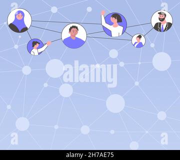 Different People In Circles Chatting Together And Connected Through Social Media. Team Group Connecting Each Other With Same Channels. Stock Vector