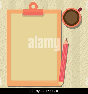 Illustration Of Large Pencil On Top Of Table Beside The Big Blank Clipboard And Coffee Mug. Empty Form Holder Drawing Beside Drinking Cup Placed At Stock Vector