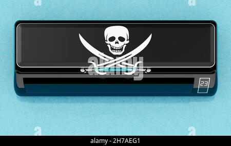 Air conditioner with piracy flag on the blue wall. 3D rendering Stock Photo