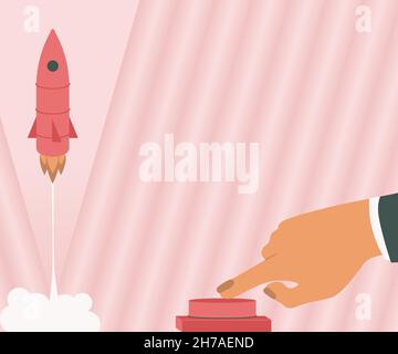 Man Hand Pressing Button To Launch Rocket To Space For New Horizons. Businessman Pushing Switch To Commence The Space Shuttle To The Skies For Better Stock Vector