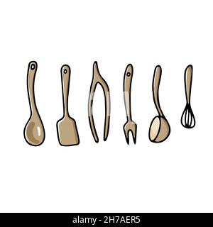 Doodle set of items for cooking food. Color sifting dish, strainer, cutlery, spatula, tongs, ladle, whisk, spoon isolated on white background. Cozy ki Stock Vector