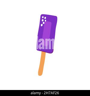 Cartoon rectangular candy on a stick. Lollipop isolated on white background. Hand-drawn purple sweet dessert with wrapping for kids party, Easter, bir Stock Vector