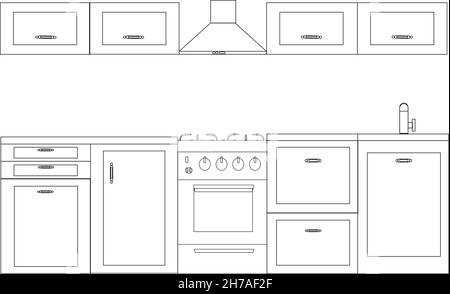 Kitchen in line art, scheme, decor Stock Vector