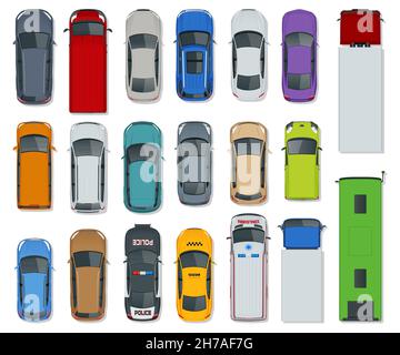 Cars view from above set. Vehicles driving in the city and service transport. Taxi, Ambulance, bus, Police, safari travel, Mini, Subway train, Fire Stock Vector