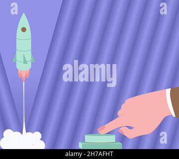 Man Hand Pressing Button To Launch Rocket To Space For New Horizons. Businessman Pushing Switch To Commence The Space Shuttle To The Skies For Better Stock Vector