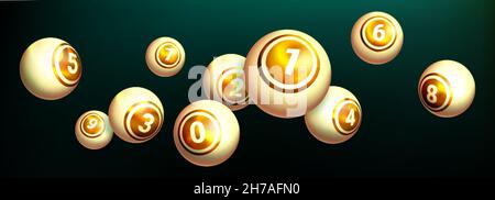 Realistic golden lottery ball on dark background. Gold balls with numbers of winning combination for gambling game. Collection glossy spheres for lotto, kenny and bingo. Stock Vector